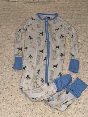 Light Gray Kids Zip-Front Pajama with Dog Print and Blue Trim